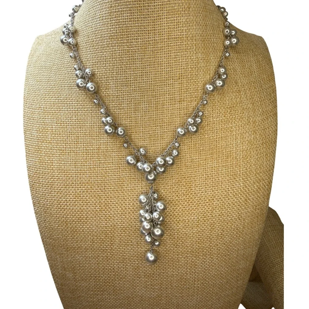 Pearlcore Mob Wife Glam Statement Y Lariat Cluster Faux Pearl Necklace Silver